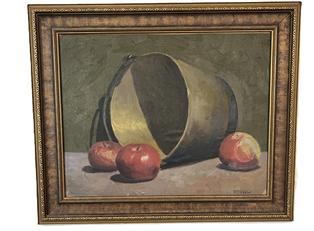 K1744 Framed still life painting depicting a brass bucket on its side surrounded with three red apples. Oil on artist’s board. Signed “R.S. Wehler” in lower right corner. Also – handwritten on back “R. S. Wehler – York PA”. Label from framer - “Kauffman’s Art Shop – York PA” remains intact. Framed measurements: 18 5/8” wide x 15 ½” tall.