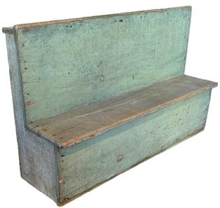 **SOLD** M78 Early 19th century Pennsylvania Country Store display shelf bearing its original dry, blue painted surface. Pine with square head nail construction. Distinct pith saw marks on back. Measurements: 44 wide x 13 deep x 27 tall. The depth of the shelf area is 9 deep.