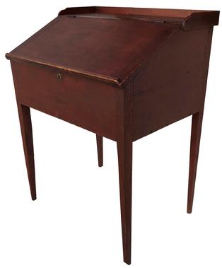 E397 Early 19th century Shenandoah Valley Virginia , School Master Desk, all white pine with walnut legs,Full mortised and pin . One board construction, Interior has two dovetailed drawers, in the original red paint, it has a applied small gallery circa 1810-1820 This Desk has not lost any of it's height, Measurements are: 32 1/2" wide x 25 1/2" deep x 42 3/4"