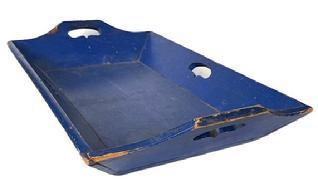 **SOLD** L400 19th century wooden Apple Tray with the old blue paint. It is well-crafted with beautiful form featuring canted sides and cut-out handles on all four sides. It is in tight and sturdy condition. Circa 1850. Measurements: 22 wide x 14 deep x 2 ½ tall sides x 3 ¾ tall at end handles.