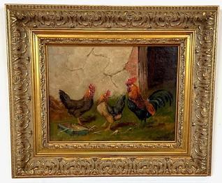 L43 Fantastic late 19th century signed painting depicting a Rooster and two Hens. Signed E. S. England in lower left corner. Oil on canvas. Vivid colors and exquisite details throughout. Beautifully framed in an ornate gold gild frame. Framed measurements: 18 ¾” wide x 15 ¾” tall x ~1 ¾” deep. The artist, E.S. England, was a famous British painter known for his landscape animal scenes. He was most actively painting during 1870-1910.