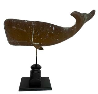 M97 Early 20th century full body copper whale weathervane mounted on custom wooden stand for display purposes. Great condition with no repairs. Measurements: ~25 long x 22 ½ tall (including stand). The base is 9 x 6.