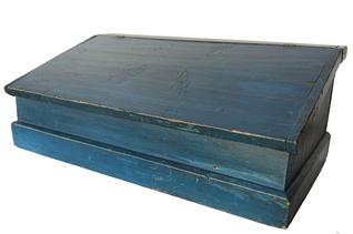 X386 19th century blue table -top Desk, New England, late 19th century, with a lift hinged slant lid on a nail constructed box, the intrior is divided