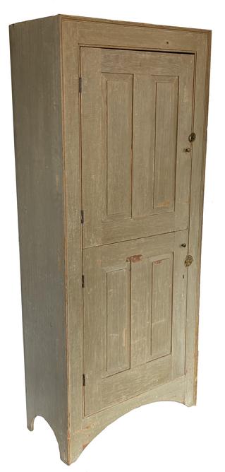 F176 Early 19th Century New England Wall Cupboard,Grey-Green Paint, Fielded Raised Paneled Doors Circa 1800 A fine and unusual form featuring a split door with high arched cut-out feet. The case has a simple picture frame molding on front , and a single beaded edge around doors. The surface was painstakingly cleaned down to original surface history featuring grey-green paint; good dry surface!