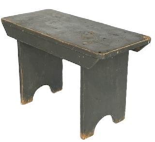 **SOLD** K1791 19th century Pennsylvania original dark gray painted pine Bench with drop aprons on each side, resting on half-moon cut out feet. Measurements: 29 ¾ wide x 13 ½ deep x 18 ½ tall.