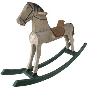 E171 Late 19th century wooden rocking horse, found in original paint and condition, A pretty dappled Grey paint , solid wood, presumably pine, standing graciously, raring to go.. mounted on a green rocker base. Measurements are:47" long x 9 3/4" wide x 29 3/4" tall