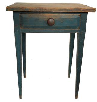 E496 Epic 19th century York County Pennslyvania high style Country Hepplewhite, in the original dry blue paint. dovetailed drawers with a chamfered drawer fron, it is mortised and pegged. Circa 1830 all original Measurements are 22 1/2" wide x 29" tall x 16 3/4" deep