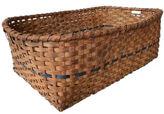 F138 Large Eastern Shore Maryland gathering basket or drying Basket. Natural patina with a dark blue band encompassing the basket. Heavy and very sturdy woven construction. Measurements: 37” long x 25” wide x 13” tall