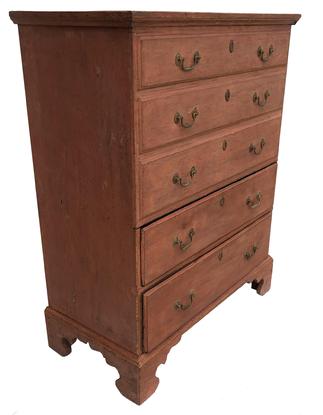 E165 18th century Chest over drawers, Circa 1780 Having an applied molded top with snipe hinges, above a blanket box with three faux drawers, above two dovetailed drawers with early hardware; overhanging thumb-molded drawer fronts with. The case is raised on a tall bracket base having an excellent profile. Constructed of pine; retaining a good original salmon painted surface. Beautiful two wide board on the back,held in place with rose head and tee nails No Restoration . Height: 47"; case width: 37 1/2 "; depth: 181/2"