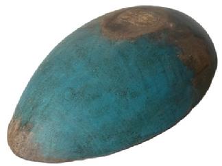 J420 19th century oval Trencher / Dough Bowl with original blue painted exterior and natural patina interior.  Interior retains evidence of chop marks and wear, including an early make-do repair in the bottom, from use. Measurements: 22 ½ long x 13 wide x 3 ½ - 4 tall, depending on where measured. 