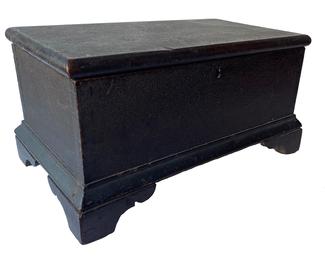 F211 Striking Valley of Virginia 18th century walnut diminutive Chest, in the original dark surface .Dovetailed case with “T” nailed construction It has an applied bracket base on all four sides with a nice high cut out foot ,. Circa 1780 measurements 15” wide 8” tall 9” deep