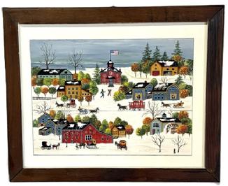 M219 Hand painted Folk Art Winter Landscape Painting featuring a snowy Village scene with a large, centrally located red schoolhouse boasting a US flag atop, surrounded by trees, houses, children playing in the snow and several horse-drawn buggies, sleighs and a caboose-shaped wagon. Oil on Artists board with vivid colors and fantastic details throughout. Signed by artist - MONCRIEF in lower right corner. Handwritten note on back reads From Bill & Chris Moncrief 1997. Framed measurements: 20 wide x 16 ½ tall.