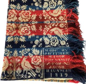 E383 Exquisitely woven heavy linen/wool Coverlet dated 1839 from Manor Township in Lancaster County, PA. Two corner blocks read: “Made by J. Witmer For Jacob Bausman”.