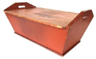 H111 Early 19th century table top Dough Box, This rectangular example, having sharply canted sides with cut out handles and the original removable lid , with a dovetailed case, remains in original red paint.