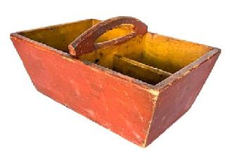 H962 19th century Original red painted carrier with mustard painted interior with dividers. Raised center handle is curved with matching cutout for carrying. Canted sides. Square head nail construction. Very sturdy. t Measurements: 13" x 9" x 6 1/2" tall to center of handle. Sides are 5" tall.