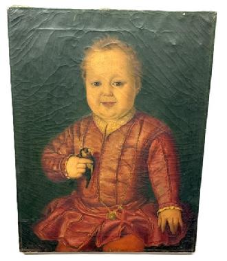 M309 Original late 19th century hand painted oil on canvas rendition of a Child. Which features a young boy in a distinctive red doublet holding a small bird. It bears Provincial Art Authority stamps on its reverse
