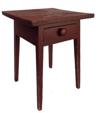 E208 Beautiful early Lancaster County Pennslyvania 19th century County Hepplewhite splay leg one drawer stand, in original red dry painted surface. Splayed dovetailed drawer, one board top, square head nail construction 100% original Measurements 20 1/2' wide X 20" deep X 27 1/4' tall