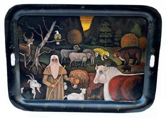 **SOLD** M109 Folk Art painted Toleware Tray depicting a Biblical scene featuring Noah with animals. Signed by artist A. Glazier (Arthur E. Glazier - Pennsylvania, 1928-2015). Fantastic details and colors throughout. Measurements: 30 wide x 22 tall.
