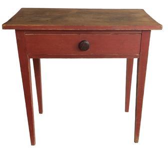 F95 Early 19th century Country Hepplewhite one drawer Server / Side Table, in the original red paint, the over sizes drawers is dovetailed , with a one board scrub top, nice tapered legs,