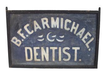 Z58 Wonderful 19th century Two Sided Sign, White Lettering on Blue, "B.F. CARMICHAEL DENTIST"
