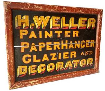 (N49) 19th century sign adverting painting and wall papering and Decorating painted on board, great colors of yellow, black, red circa 1890's Measurements are: 17 3/4" x 24" wide