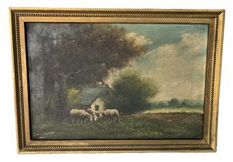 K1697 Early framed Landscape Painting depicting sheep in a pasture in front of a barn. Oil on canvas. Signed “Jean Kopp” in lower left corner. Framed measurements: 20” wide x 14” tall.