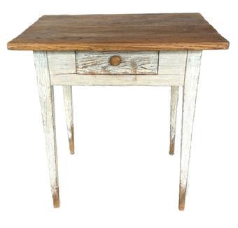 **SOLD** G74 19th century Eastern Shore Maryland / Virginia Hepplewhite one drawer stand retaining its original white painted surface. This sturdy table bears a two-board, scrubbed top and single dovetailed drawer. The gracefully tapered legs are fully mortised and pegged into the apron. The wood is yellow pine. Measurements: 30 ¼ wide x 24 ¾ deep x 30 ¼ tall. (23 ½ from apron to floor.)