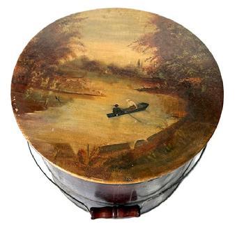 K1862 Late 19th century New England lidded wooden bucket with arched wire bail handle and turned wooden grip. The lid bears a hand painted river scene featuring a couple in a rowboat. Tongue and grooved staved construction held in place with metal bands. SPAULDING & FROST FREMONT NH is stamped along the center of the bottom. (Spaulding & Frost Cooperage in Fremont, NH was founded in 1874.) Measurements: 12 ½ top diameter x 13 ½ bottom diameter x 12 tall.