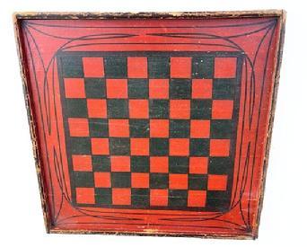 L63 Late 19th century double sided gameboard with a Checkerboard painted on one side, and a Backgammon board painted on the reverse.  Both sides are painted in black and Windsor green on a red background. Applied molded edges retaining the original black painted surfaces surround the board. Square head nail construction. Found in Pennsylvania. The wood is pine. Measurements: 18" x 18 &frac14;� x 1 &frac14;� thick. 