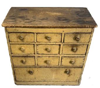 M263 19th century New England painted Apothecary with ten (10) drawers in a nine-over-one configuration retaining its old mustard yellow painted surface. The wood is pine with square head nail construction. Circa 1850s. Measurements: 34 wide x 19 deep x 32 ¼ tall.