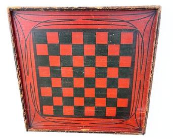 L63 Late 19th century double sided gameboard with a Checkerboard painted on one side, and a Backgammon board painted on the reverse.  Both sides are painted in black and Windsor green on a red background. Applied molded edges retaining the original black painted surfaces surround the board. Square head nail construction. Found in Pennsylvania. The wood is pine. Measurements: 18" x 18 ¼ x 1 ¼ thick. 