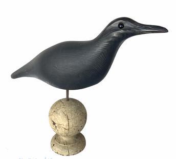 *SOLD* G379 Wooden Crow decoy hand-carved by Rick Fish of Snow Hill, Maryland. Nicely mounted on base for display. Solid wood body with glass eyes, carved details on beak/nostril area, and carvers initials inscribed on underside of tail.