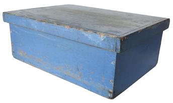 E461 19th century Country Store Storage Box in the original robin egg blue paint, one board construction, with square head . Measurements are: 20 1/2 long x 14 1/2" deep x 8" tall