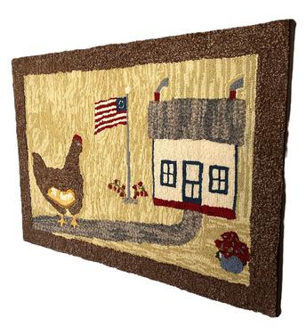 L35 Early 20th century hooked rug depicting a large chicken with a basket of eggs in the foreground and a flag / flagpole surrounded by flowers in front of a house in the background. Hand hooked wool on very early burlap. Circa 1920s-1930s. Professionally cleaned and mounted for display purposes. Mounted measurements: 35 ¼ wide x 25 tall.   