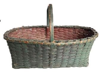 **SOLD** L376 Sturdy hand-woven gathering basket bearing its original Windsor green painted exterior with original dark red painted interior. Basket features a heavily notched, hand carved steamed and bent handle that is woven into the single-wrapped, double-rimmed construction. There are a few minor breaks on bottoms of corners, however they do not affect the integrity of the basket or the beautiful way it displays. Measurements: 20 ½ long x 13 ¾ wide x 7 ¼ tall sides x 13 tall at handle.