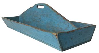 F204 Oversized Berks County, Pennsylvania carrier in gorgeous Robin egg blue paint. High center divider with cut out handle and canted sides. Circa late 19th Century. Measurements: 32" long x 15" wide x 9 1/2" tall at handle (sides are 4 1/2" tall)