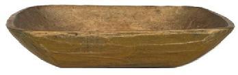 L150 19th Century New England Trencher with mustard paint. Wonderful hand-hewn surface. The inside of the trencher bears natural patina surface with evidence of chop marks. An as-found make-do repair is evident in the bottom center of the trencher. Trencher is hewn from one solid piece of wood. Measurements: 17 ½ long x 11 wide x ~3 ¾ tall.