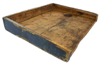 **SOLD** M204 Late 19th century New England Noodle Board / Dough Board retaining original blue painted surface on the exterior of the gallery as well as the bottom. Beautiful natural patina to the work surface of the board. These boards were used for multiple purposes serving as a kitchen counter for rolling out dough. The gallery is attached with large wire nails. Measurements: 25" wide x 21 ½ deep x 4" tall gallery.