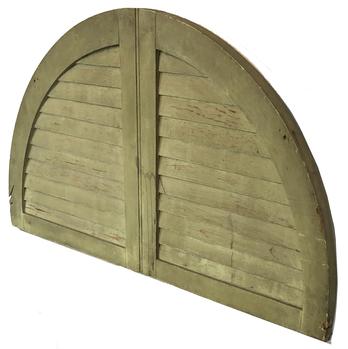 F59 19th century painted Arched Wooden Louvered Shutter, mortised, in a half round design. Measurements are: 40" long x 20 3/4" tall