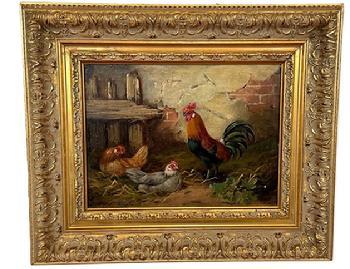 L44 Excellent late 19th century signed painting depicting a Rooster standing watch over two Hens nesting by a tattered fence leaning against a chipped painted brick wall. Signed E. S. England in lower left corner. Oil on canvas. Vivid colors and exquisite details throughout. Beautifully framed in an ornate gold gild frame. Framed measurements: 18 ¾” wide x 15 ¾” tall x ~1 ¾” deep. The artist, E.S. England, was a famous British painter known for his landscape animal scenes. He was most actively painting during 1870-1910.
