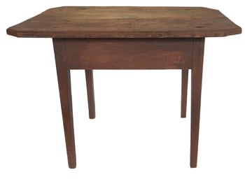 E198 18th century Traven Table.New Englan, with the original red paint, resting on a hepplewhite splay leg base double pin, and mortised .The top is held in place with rose head and tee nails, with one board 24" wide. circa 1760 Measurement are 26 1/4 deep x 35 1/2' long x 26" long