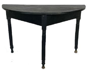 G651 19th century Demilune Table featuring a semi-circular top with turned legs ending in pad feet bearing original old green painted surface. Evidence of sewing clamp marks on the underside of top board. The wood is pine and poplar. Measurements: 43" wide x 19 3/4" deep x 28" tall.