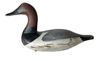 K319 High head Canvasback Drake decoy branded on bottom �PARKER� in original surface. Decoy also bears a metal tag on bottom that is stamped �BUTCH PARKER HOLTWOOD PENNSYLVANIA�. Staple, ring and weight intact. Lester �Butch� Parker (1952-2015) was an avid outdoorsman and decoy carver from Holtwood, Pennsylvania. Approximate measurements: 16 &frac12;� long x 6� wide x 9� tall.  