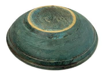 **SOLD** RM1579 Beautiful original blue painted turned wooden bowl. No chips or cracks. Exceptional painted surface exterior with natural patina interior. Slightly out of round. Slow turned lathe band marks visible on outer sides. Fantastic bowl! Measurements: 9 9 ¼ diameter x 2 2 ¼ deep, depending on where measured.