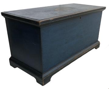 MS5 Striking Pennsylvania original deep indigo blue Blanket Chest with owners initials flanked with red feathers (A.E.Z.) on lid. Dovetailed six board case, with applied bracket base, square head nailed construction. measures 41” wide 18” deep 20” tall