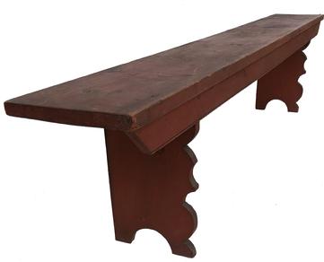E365 19th century Lancaster County, Pennsylvania double mortised Hall Bench circa 1800-1820, beautiful dry never over painted red paint, very elaborate boot jack cut out ends. Measurements are: 86" long x 10 3/4" deep x 18 1/2" tall