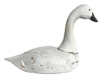 K115 Maryland Swan decoy - bearing second coat of working paint and tack eyes. Unknown carver. Heavy, solid wood - with evidence of water use / damage on bottom. Traces of rig initials (unreadable) painted in black on bottom. Approximate measurements: ~22 ½ long (from tip of bill to tip of tail) x ~10" wide x ~15 ½ tall.