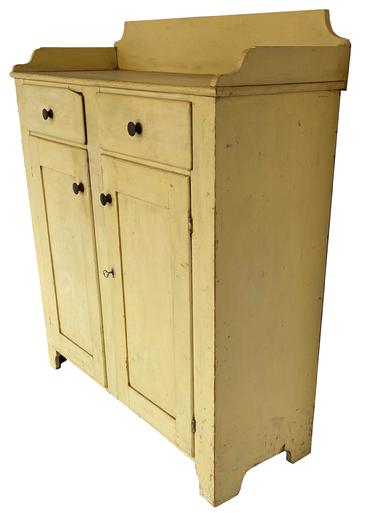V298 Lancaster County Pennsylvania original painted Jelly Cupboard, applied dovetailed gallery, dovetailed drawers, nice high cut out foot, exception clean on the inside, all original, small chip to the corner of one drawer, taller than the average Jelly Cupboard circa 1850 --- Measurements are:19" deep x 49 1/4" wide x 56" tall