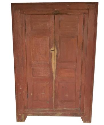 X388 18th century Wall Cupboard with two raised four panel doors. Front of the Cupboard has molded perimeter and is recessed again to the door, small bracket feet with gusset on front. Four full interior shelves 74" high x 49" wide x 21 deep