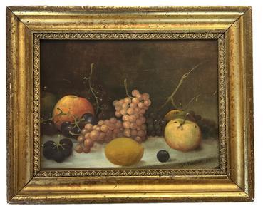 K1795 Framed oil on canvas featuring a still life setting of fruit. Signed and dated in lower right-hand corner “J. F. Francis 1883”. John F. Francis (1808-1886), a self-taught and highly sought after artist, was born in Philadelphia, Pennsylvania. Framed measurements: 15 ½” wide x 1 ¼” thick x 12 ½” tall. Canvas measures 12” wide x 9” tall.